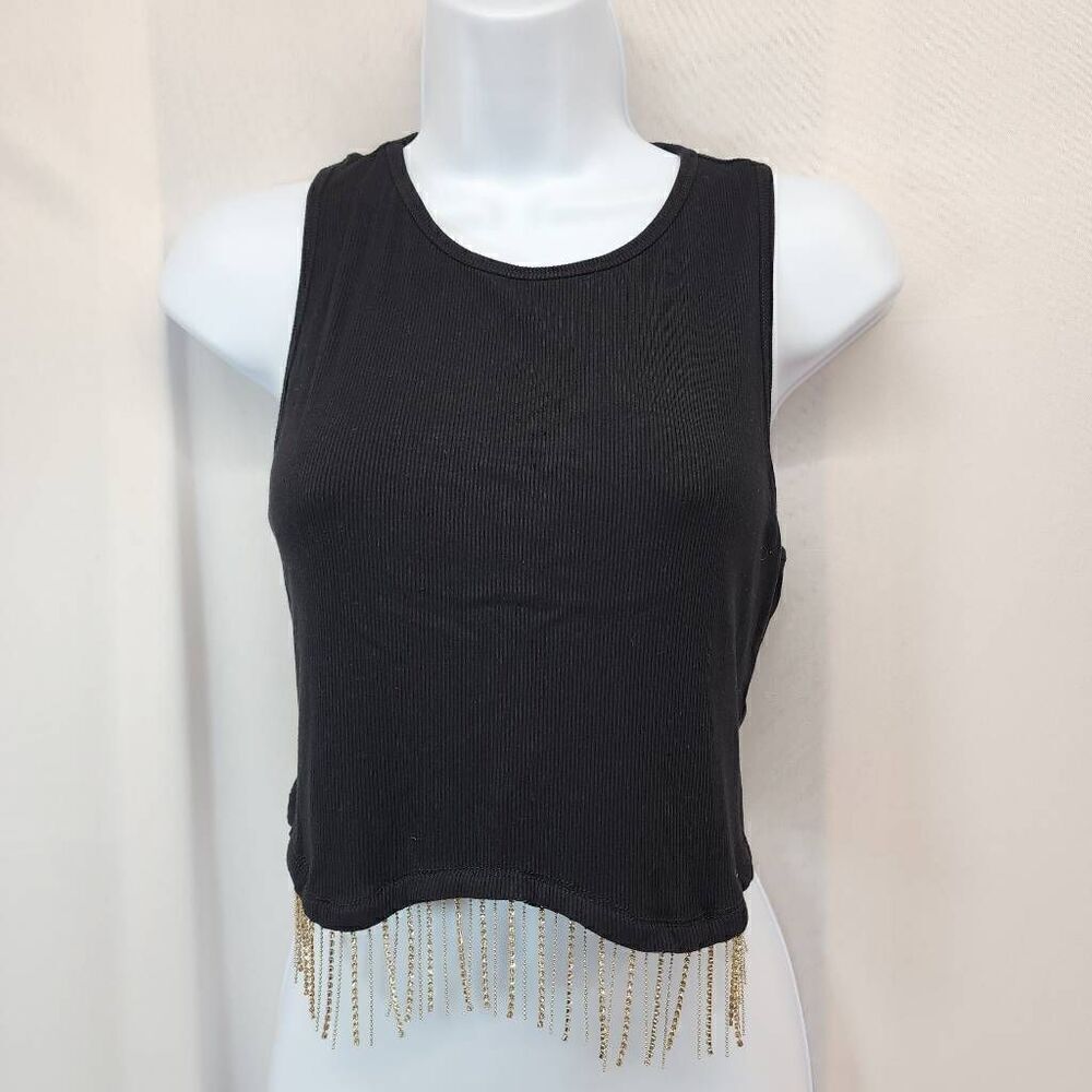 Womens Size Large Rhinestone Crop Top Sparkly Sleeveless Fringe Cropped Tank Top
